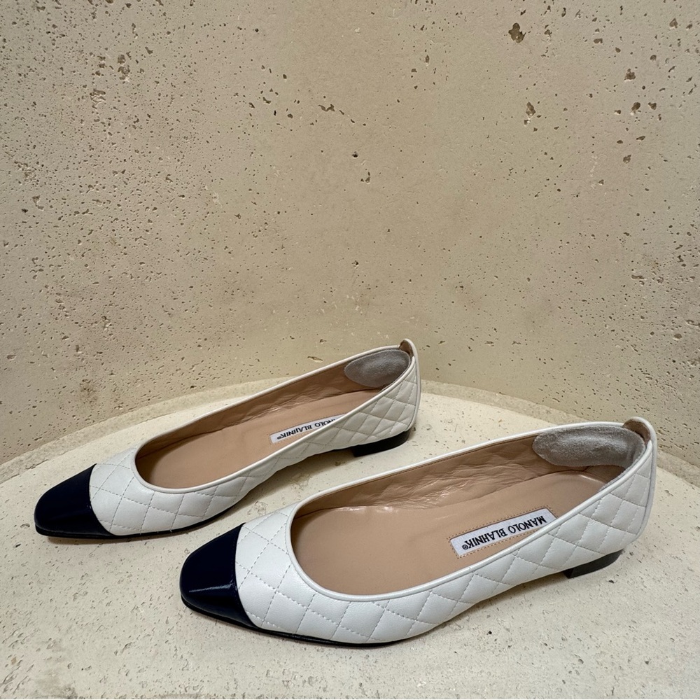 Manolo Blahnik White Quilted Leather Flats with Black Cap Toe